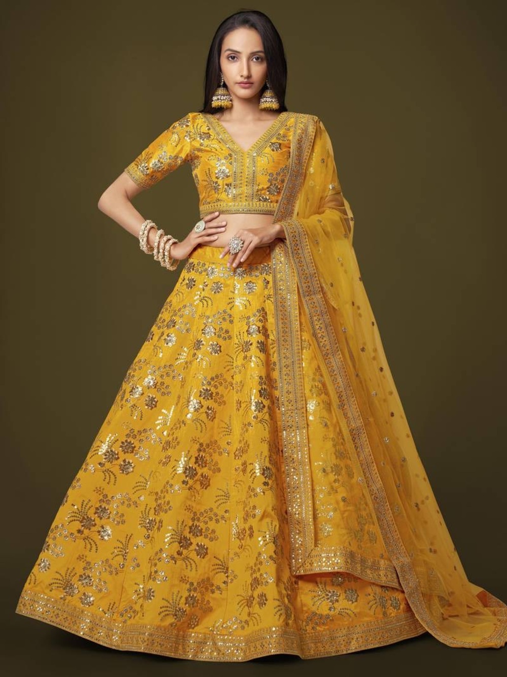 Golden Yellow Embroidered Lehenga Size 40/ 8/ 10 with Matching Jewelry